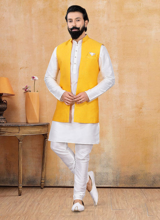 Fancy Work Jacquard Silk Mustard, Off White Kurta Payjama With Jacket - M3385