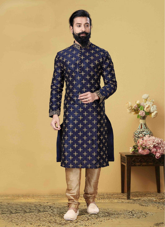 Embroidered Jacquard Silk Navy Blue Kurta Pyjama - M1745