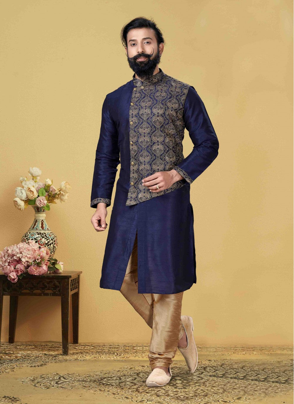 Embroidered Jacquard Silk Navy Blue Kurta Pyjama - M1744