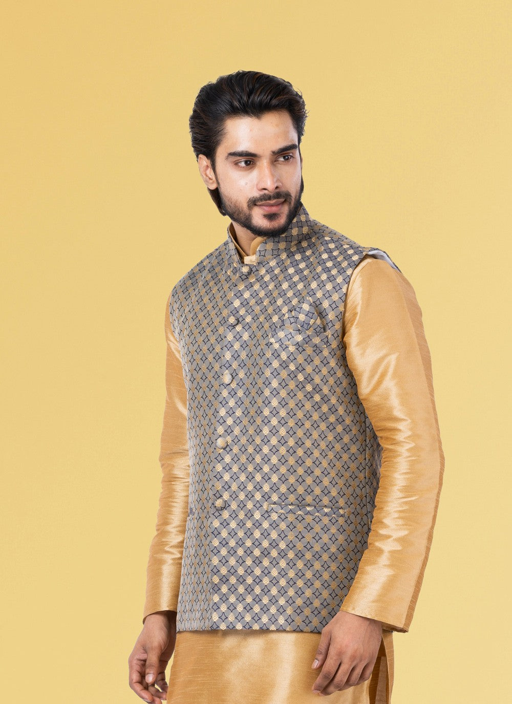 Embroidered Jacquard Silk Grey Nehru Jackets - M3843