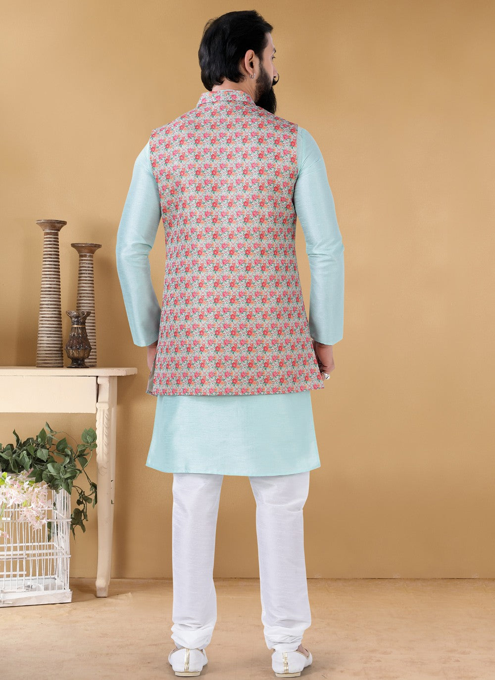 Printed Jacquard Silk Multi Colour Nehru Jackets - M4654