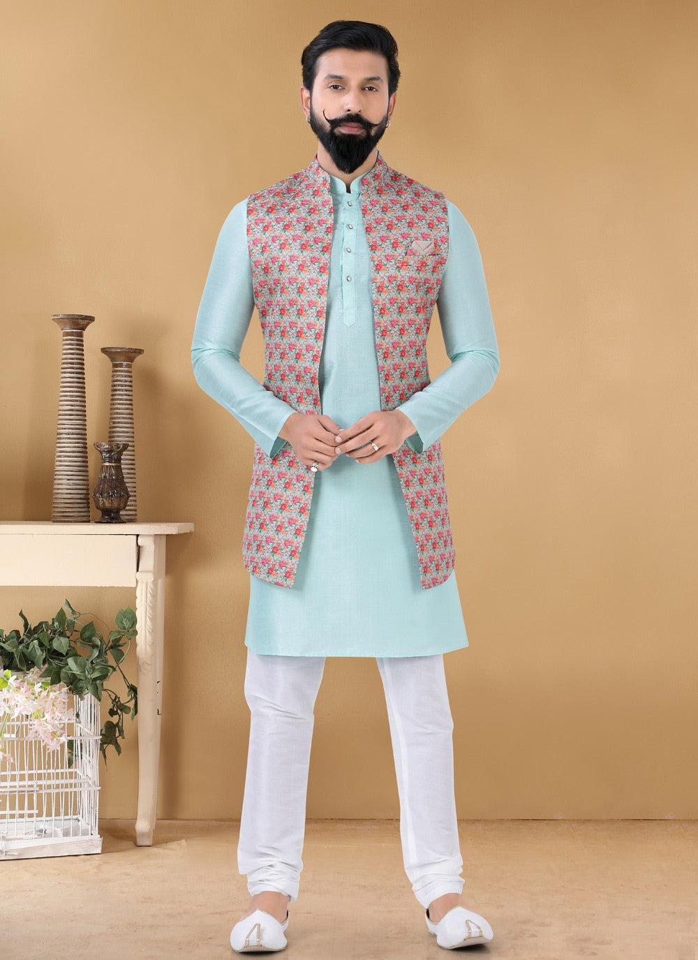 Printed Jacquard Silk Multi Colour Nehru Jackets - M4654