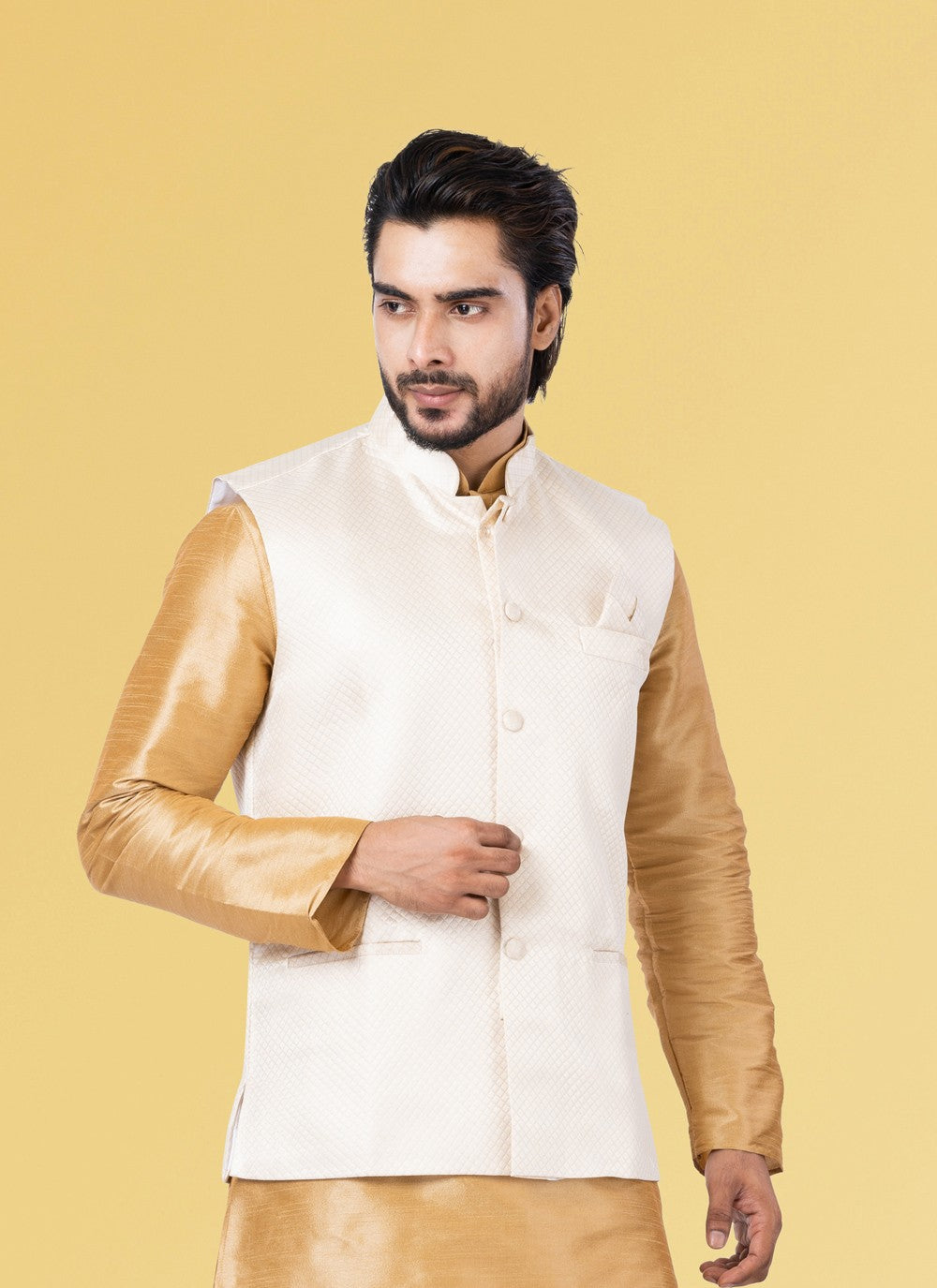 Embroidered Jacquard Silk White Nehru Jackets - M3841