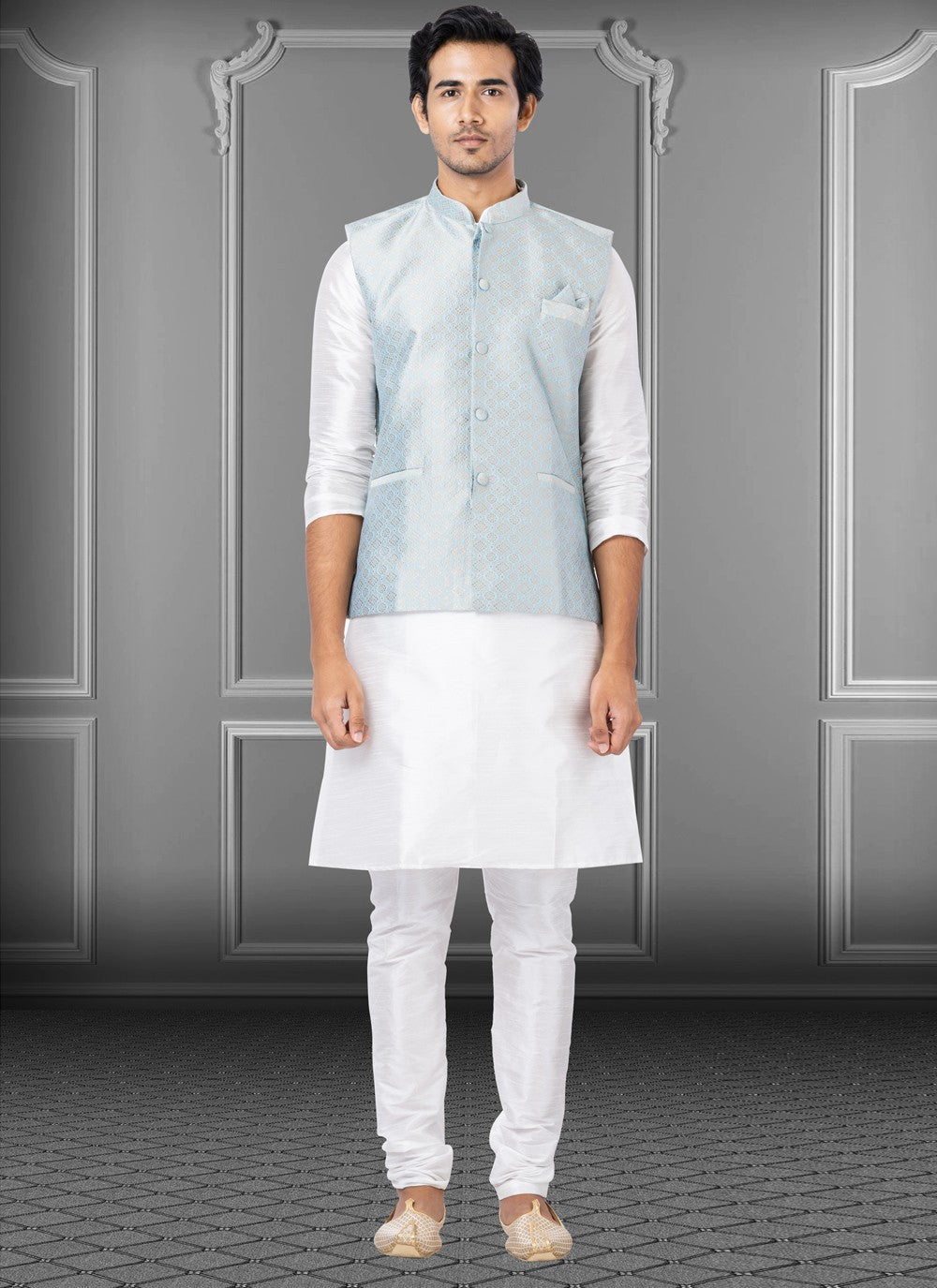 Fancy Work Dupion Silk, Jacquard Silk Off White, Turquoise Kurta Payjama With Jacket - M3782