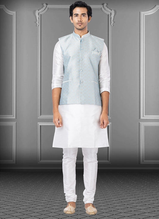 Fancy Work Dupion Silk, Jacquard Silk Off White, Turquoise Kurta Payjama With Jacket - M3782