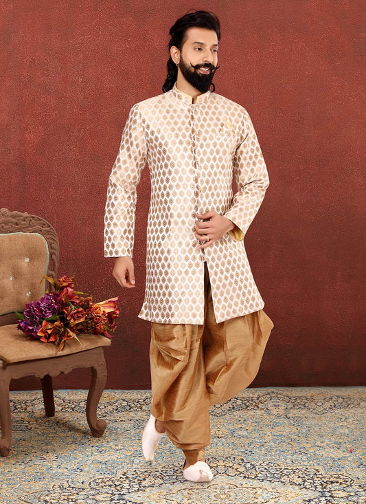 Jacquard Work Jacquard Silk Off White Indo Western Sherwani - M2616