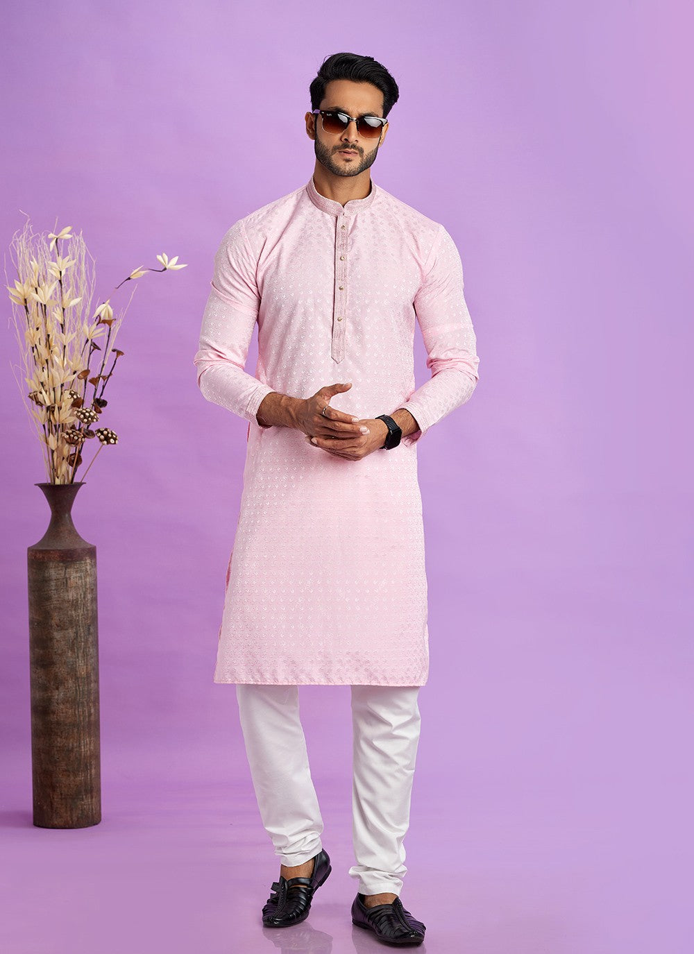 Fancy Work Jacquard Silk Pink Kurta Pyjama - M6917