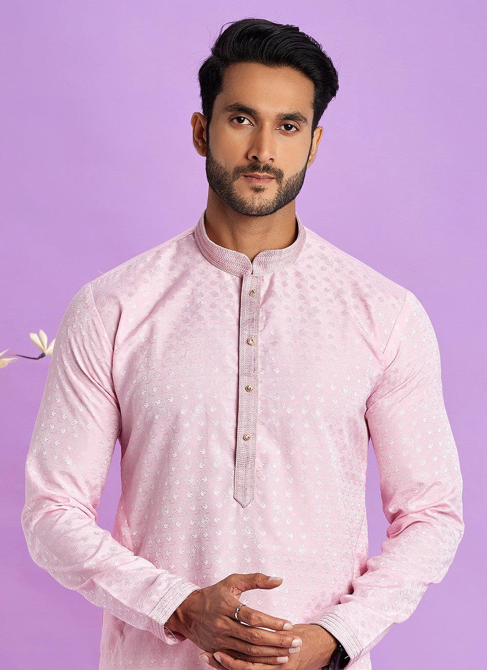 Fancy Work Jacquard Silk Pink Kurta Pyjama - M6917