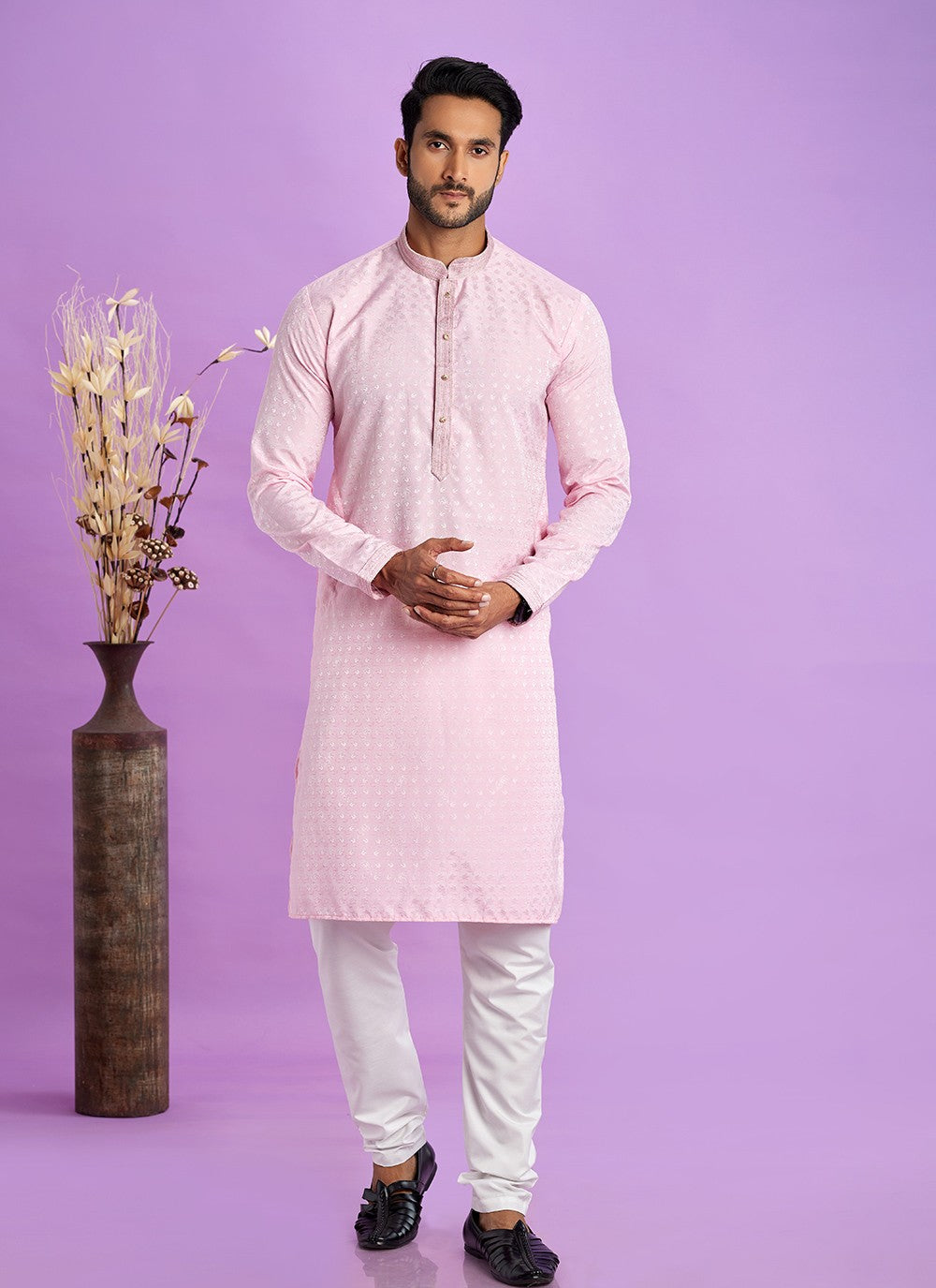 Fancy Work Jacquard Silk Pink Kurta Pyjama - M6917