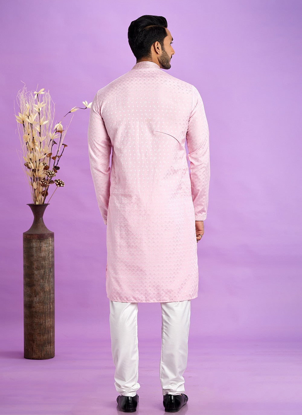 Fancy Work Jacquard Silk Pink Kurta Pyjama - M6917