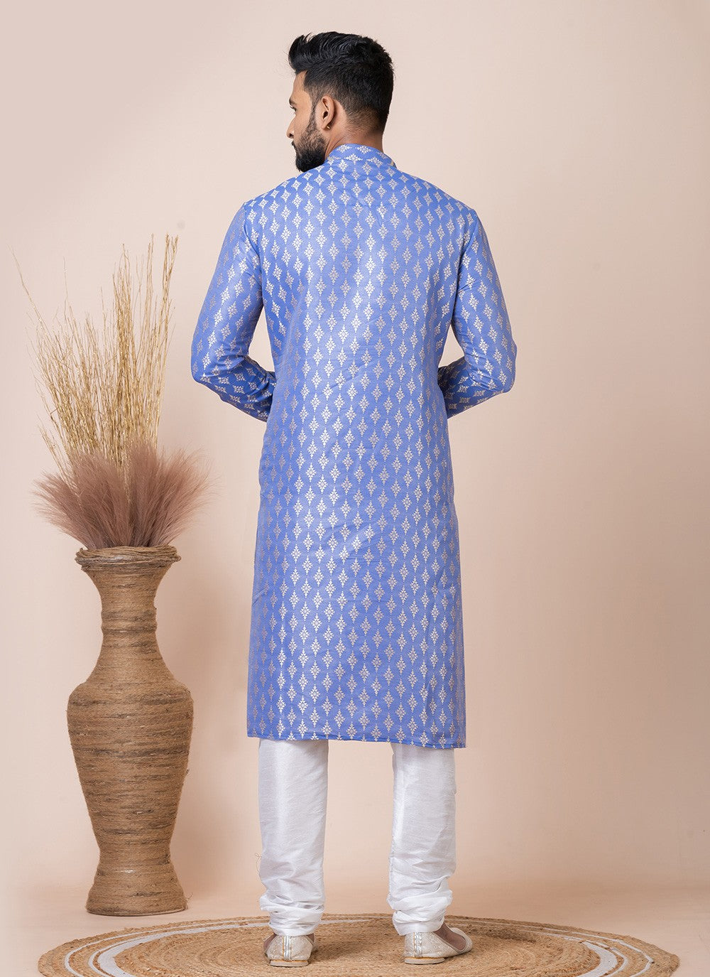 Printed Jacquard Silk Blue Kurta Pyjama - M8542