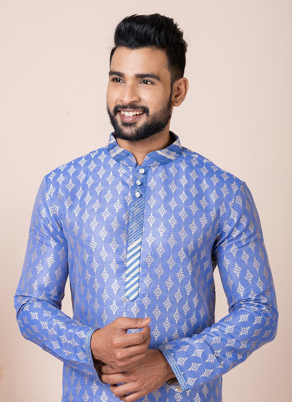 Printed Jacquard Silk Blue Kurta Pyjama - M8542