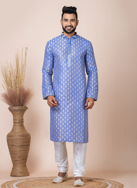 Printed Jacquard Silk Blue Kurta Pyjama - M8542