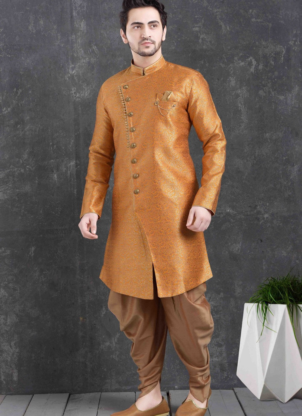 Printed Jacquard Silk Orange Dhoti Kurta - M1764