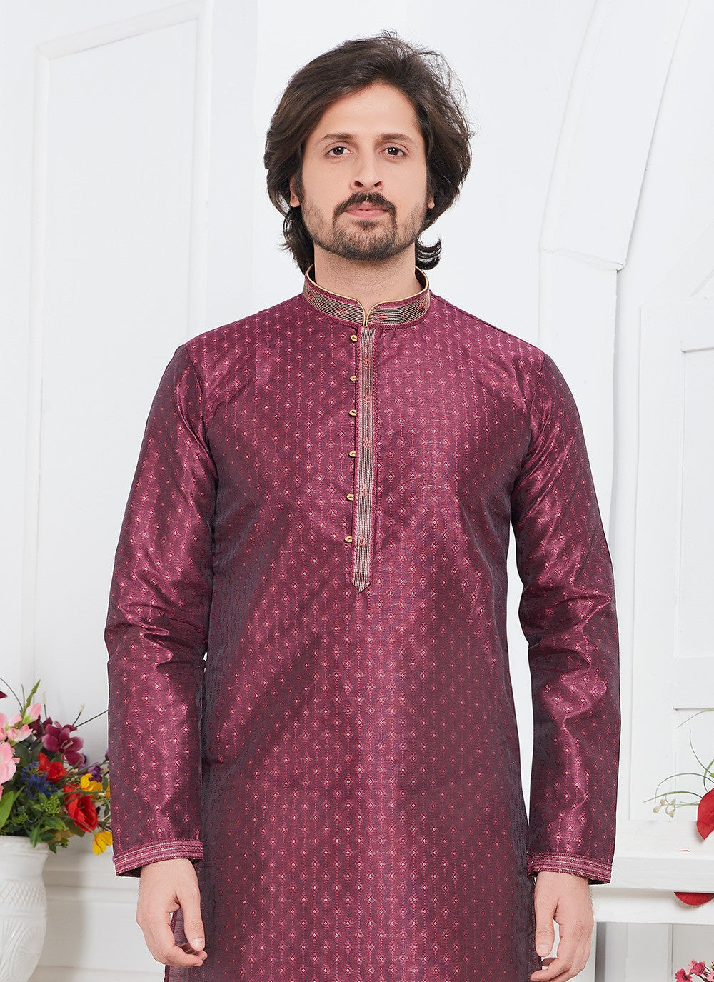 Pintex Brocade, Jacquard Silk Purple Kurta Pyjama - M7768