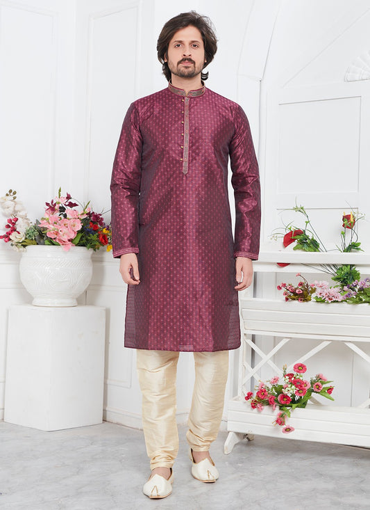 Pintex Brocade, Jacquard Silk Purple Kurta Pyjama - M7768