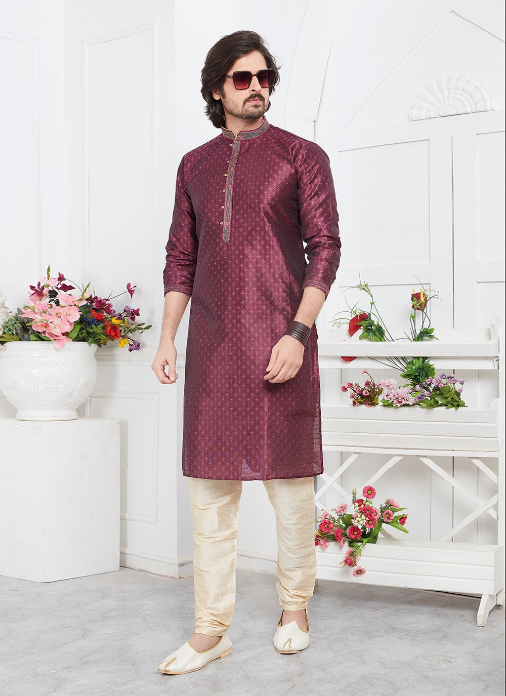 Pintex Brocade, Jacquard Silk Purple Kurta Pyjama - M7768