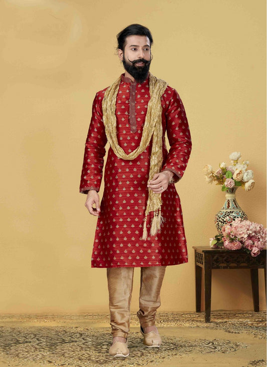 Embroidered Jacquard Silk Red Kurta Pyjama - M1838