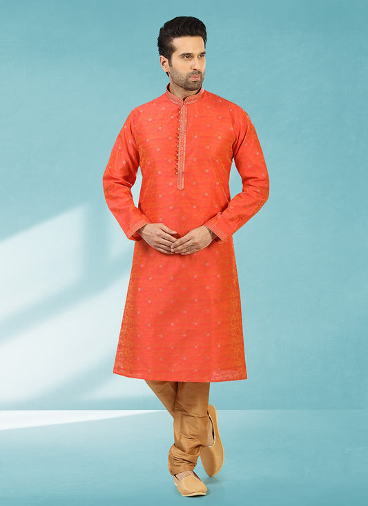 Plain Brocade, Jacquard Silk Rust Kurta Pyjama - M2311