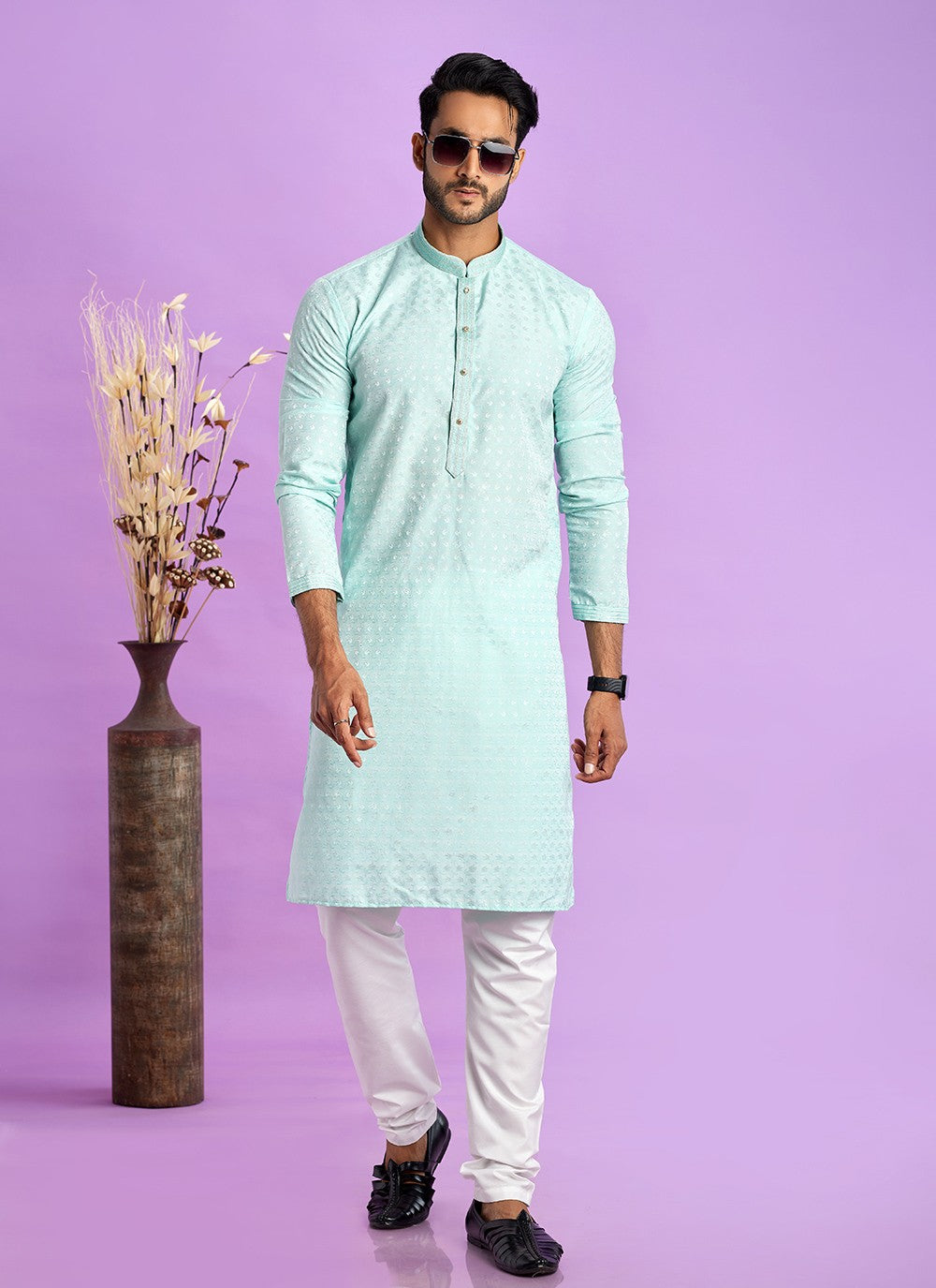 Fancy Work Jacquard Silk Turquoise Kurta Pyjama - M6916