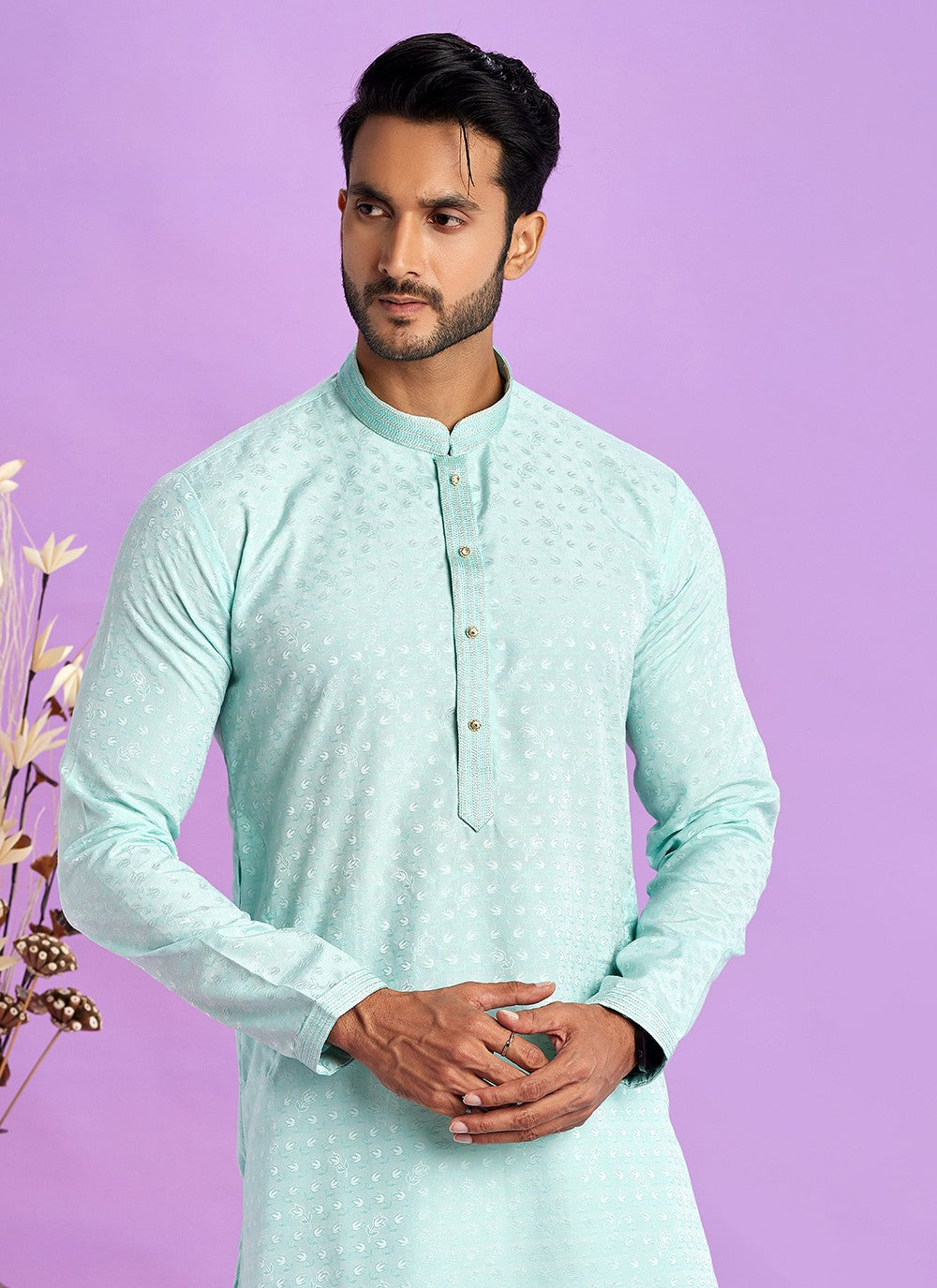 Fancy Work Jacquard Silk Turquoise Kurta Pyjama - M6916