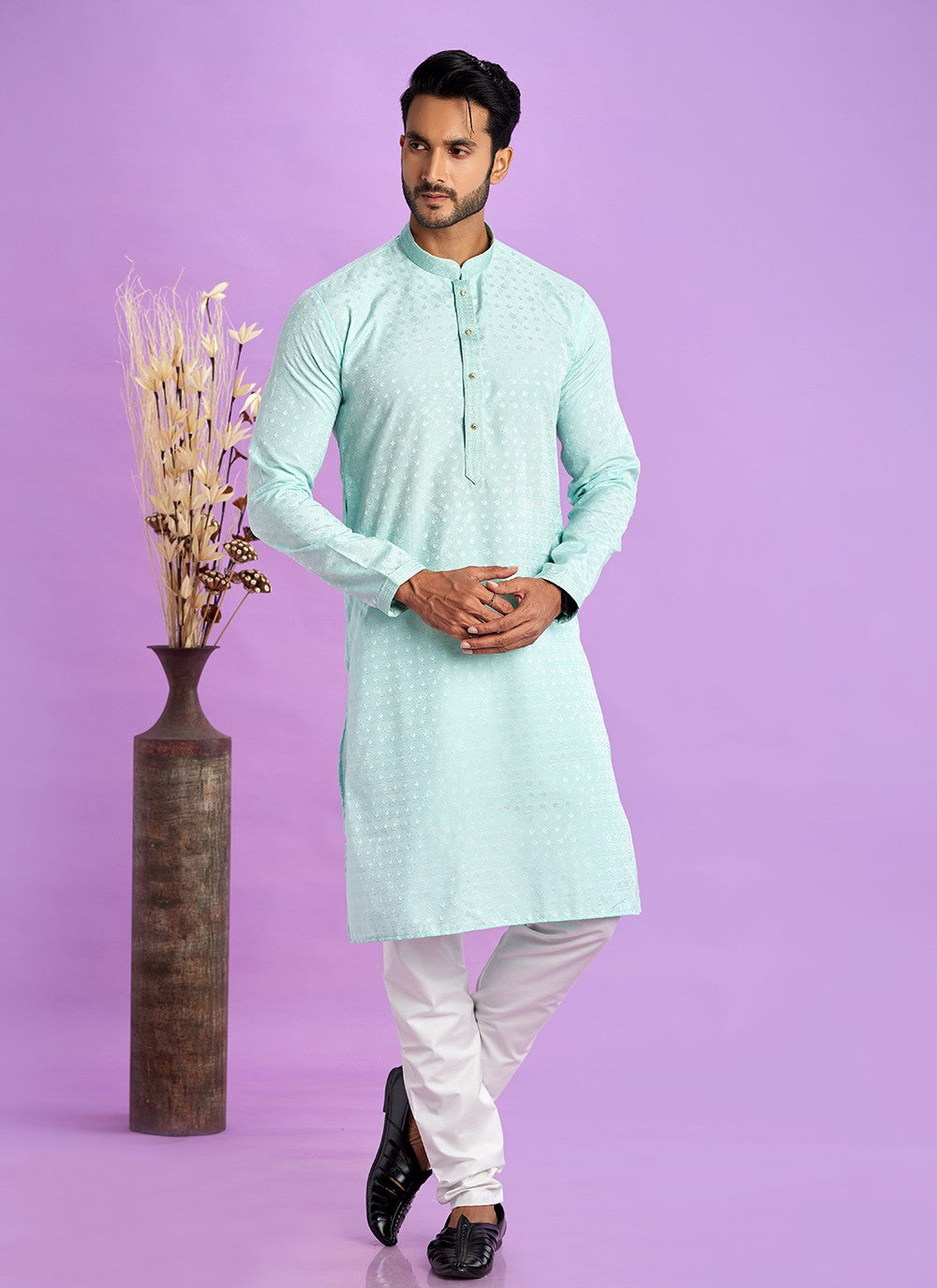 Fancy Work Jacquard Silk Turquoise Kurta Pyjama - M6916