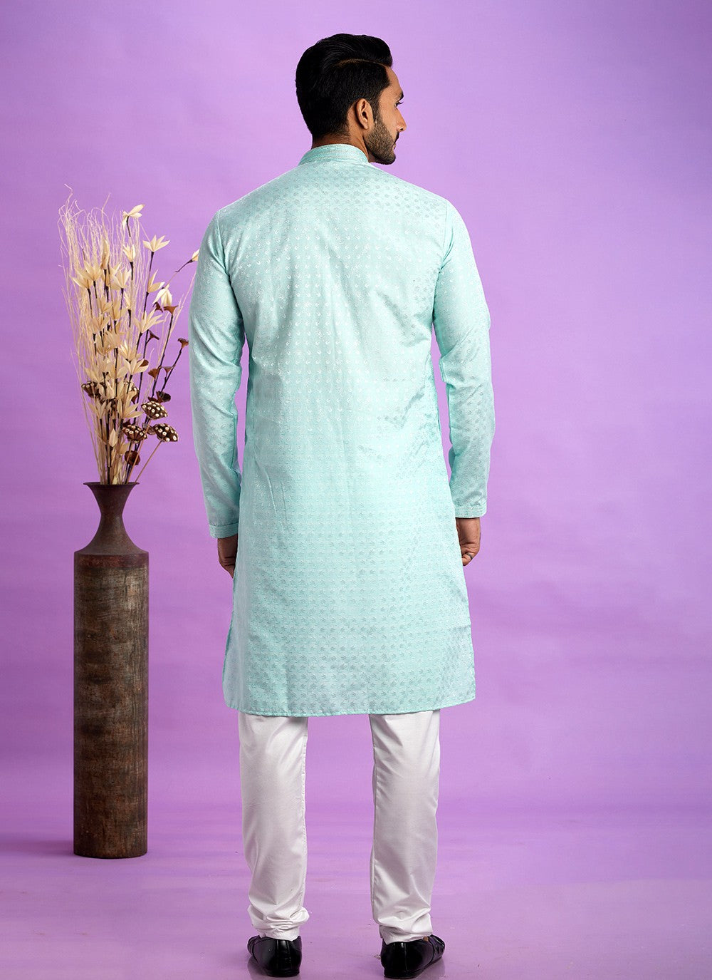 Fancy Work Jacquard Silk Turquoise Kurta Pyjama - M6916