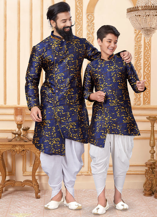 Woven Jacquard Silk Blue, Yellow Indo Western - M1931