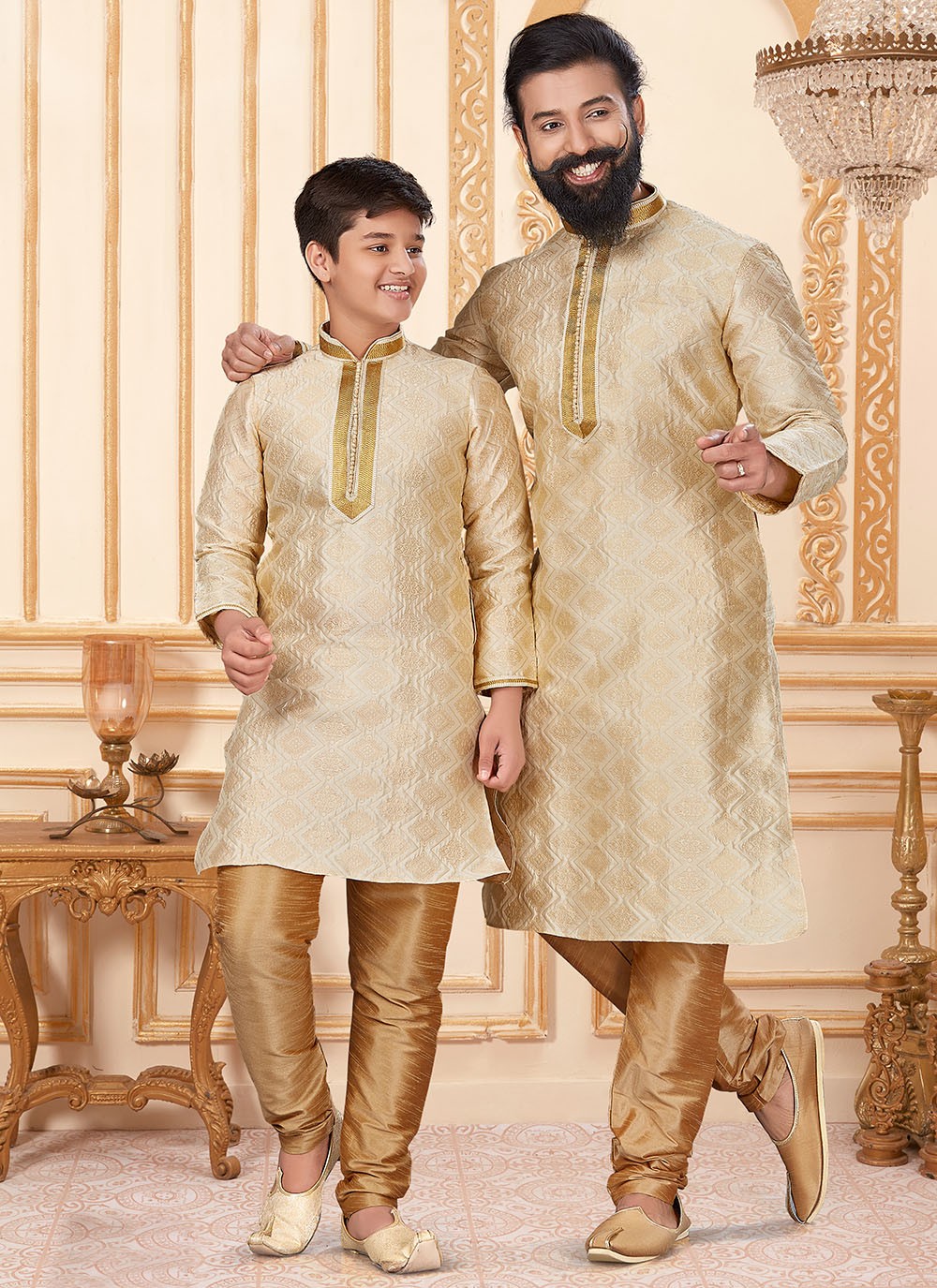 Woven Jacquard Silk Beige Kurta Pyjama - M1908