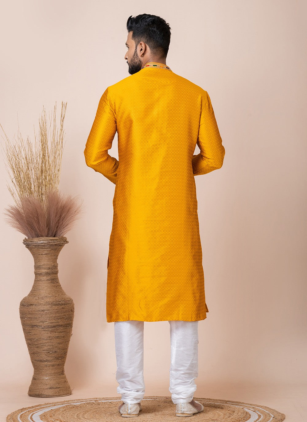 Printed Jacquard Silk Yellow Kurta Pyjama - M8546