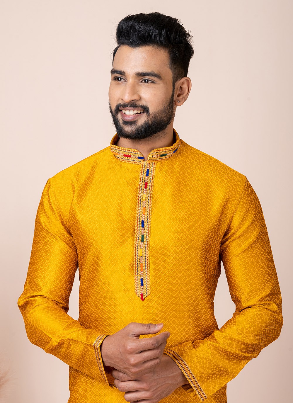 Printed Jacquard Silk Yellow Kurta Pyjama - M8546