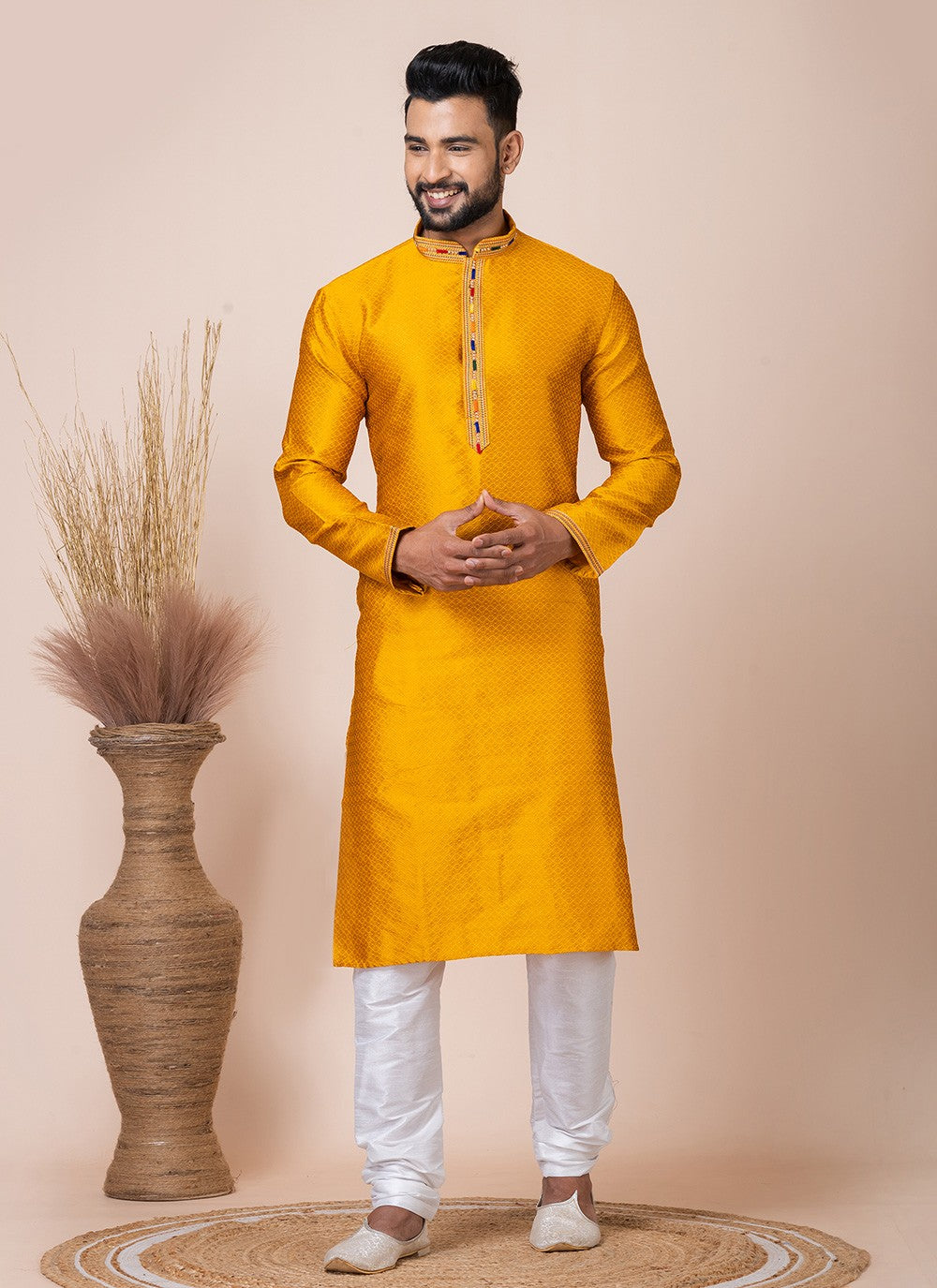 Printed Jacquard Silk Yellow Kurta Pyjama - M8546