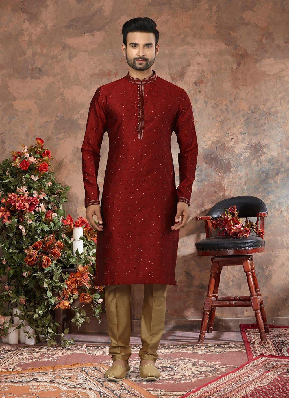 Thread Jacquard Silk Maroon Kurta Pyjama - M3010