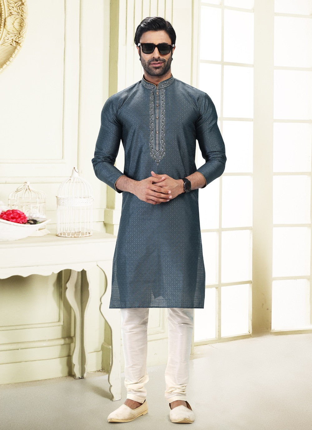 Fancy Work Banarasi Silk, Jacquard Grey Kurta Pyjama - M4868