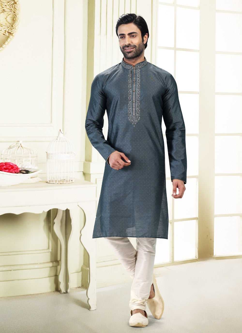 Fancy Work Banarasi Silk, Jacquard Grey Kurta Pyjama - M4868