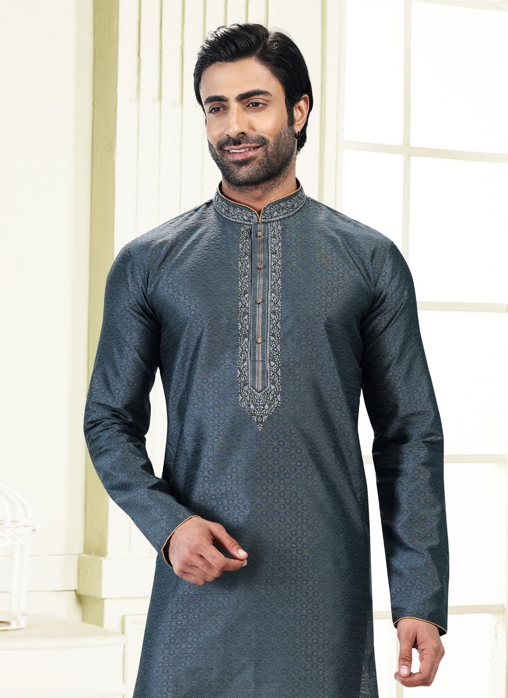 Fancy Work Banarasi Silk, Jacquard Grey Kurta Pyjama - M4868