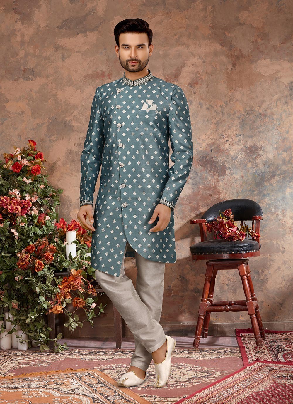 Digital Print Jacquard Grey Indo Western Sherwani - M2883