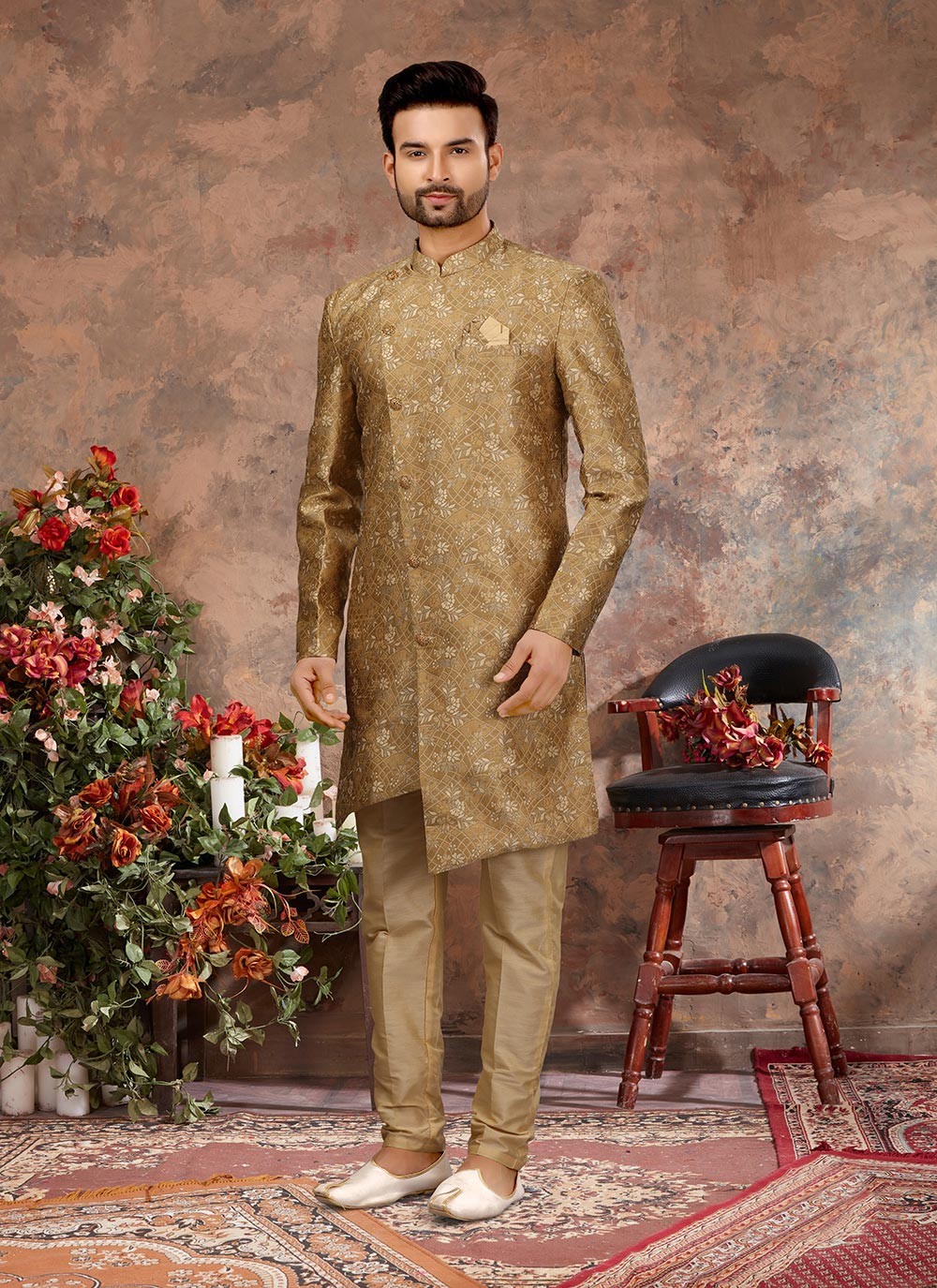 Digital Print Jacquard Mustard Indo Western Sherwani - M2894