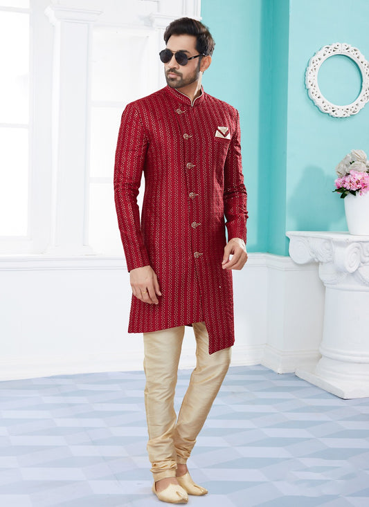 Thread Jacquard Red Indo Western Sherwani - M3927