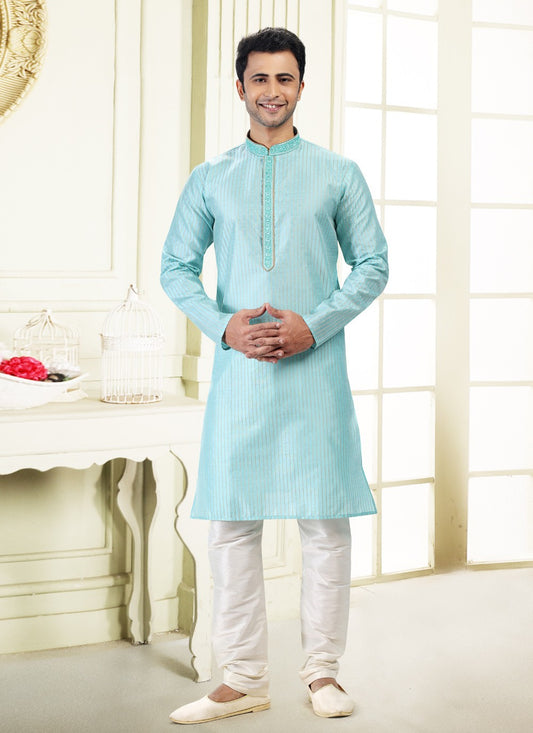 Fancy Work Art Silk, Jacquard Aqua Blue Kurta Pyjama - M4870