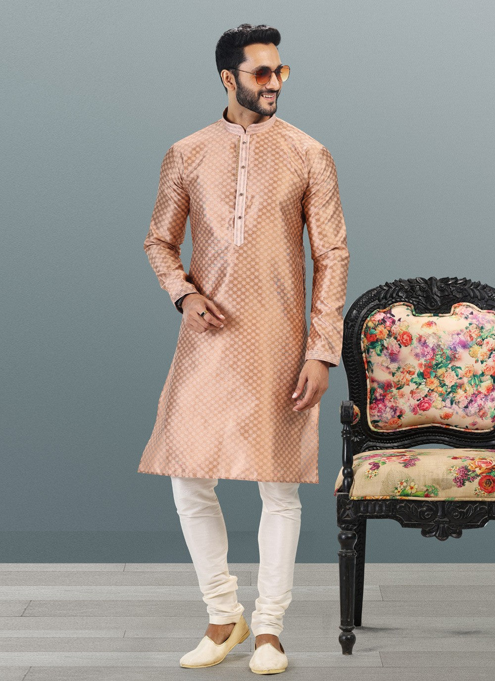 Fancy Work Banarasi Silk, Jacquard Peach Kurta Pyjama - M4829