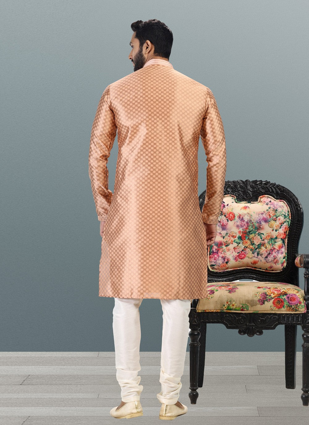 Fancy Work Banarasi Silk, Jacquard Peach Kurta Pyjama - M4829