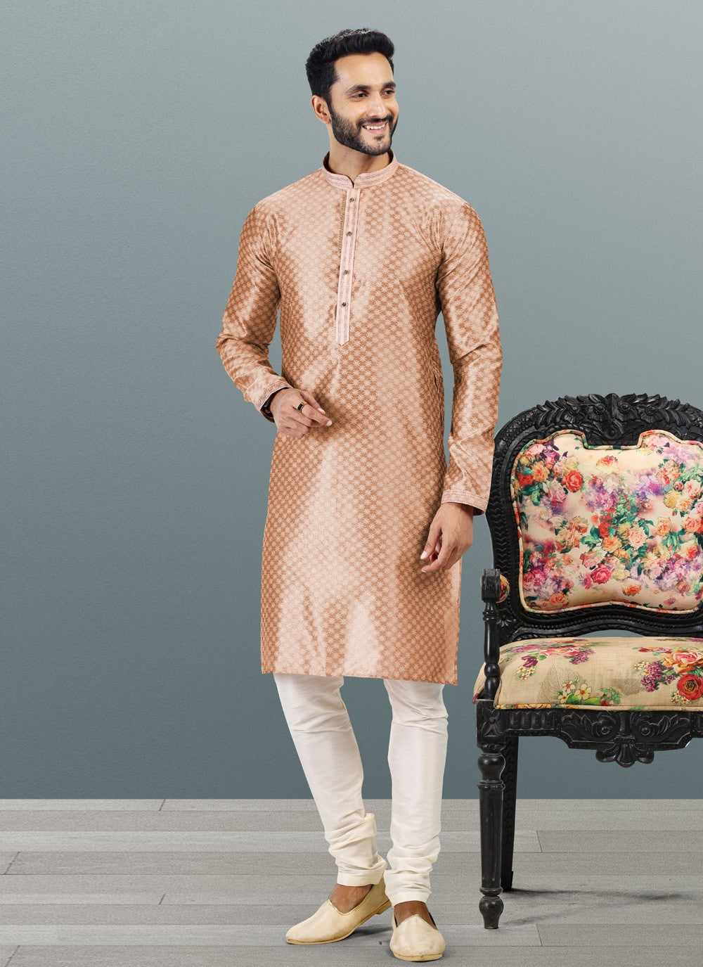 Fancy Work Banarasi Silk, Jacquard Peach Kurta Pyjama - M4829