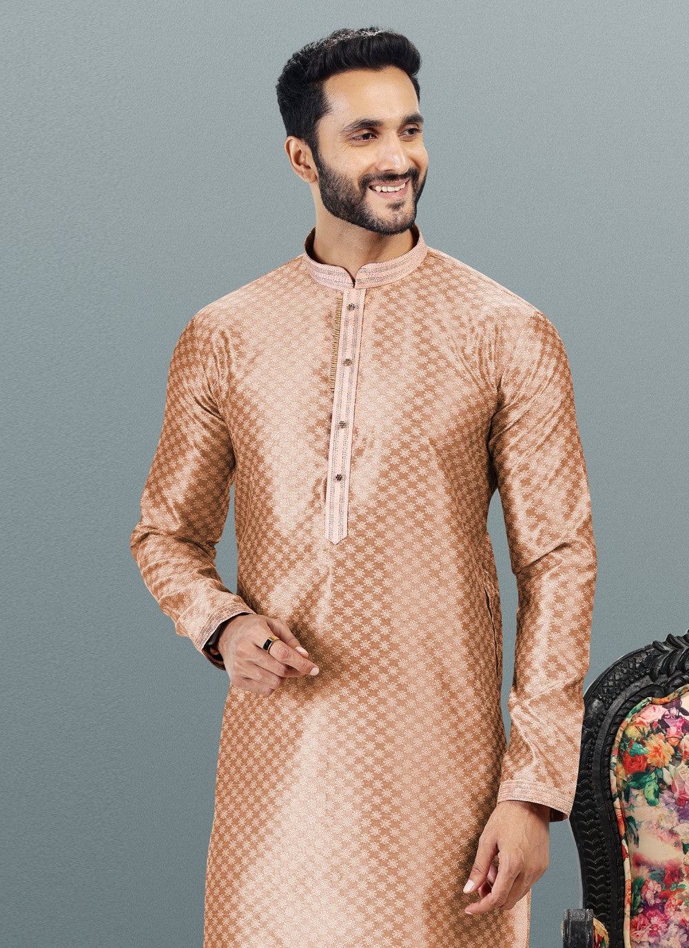 Fancy Work Banarasi Silk, Jacquard Peach Kurta Pyjama - M4829