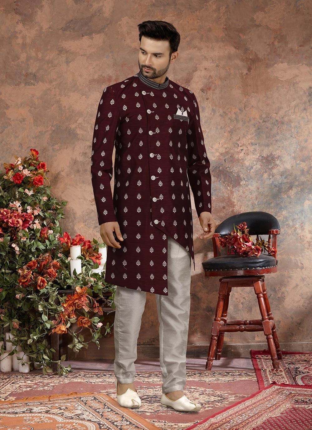 Machine Embroidery Jacquard Maroon Indo Western Sherwani - M2888