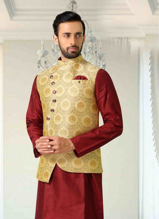 Weaving Zari Jacquard Beige Nehru Jackets - M1540