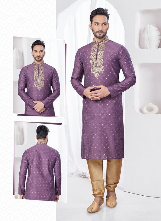 Machine Embroidery Jacquard Wine Kurta Pyjama - M7546