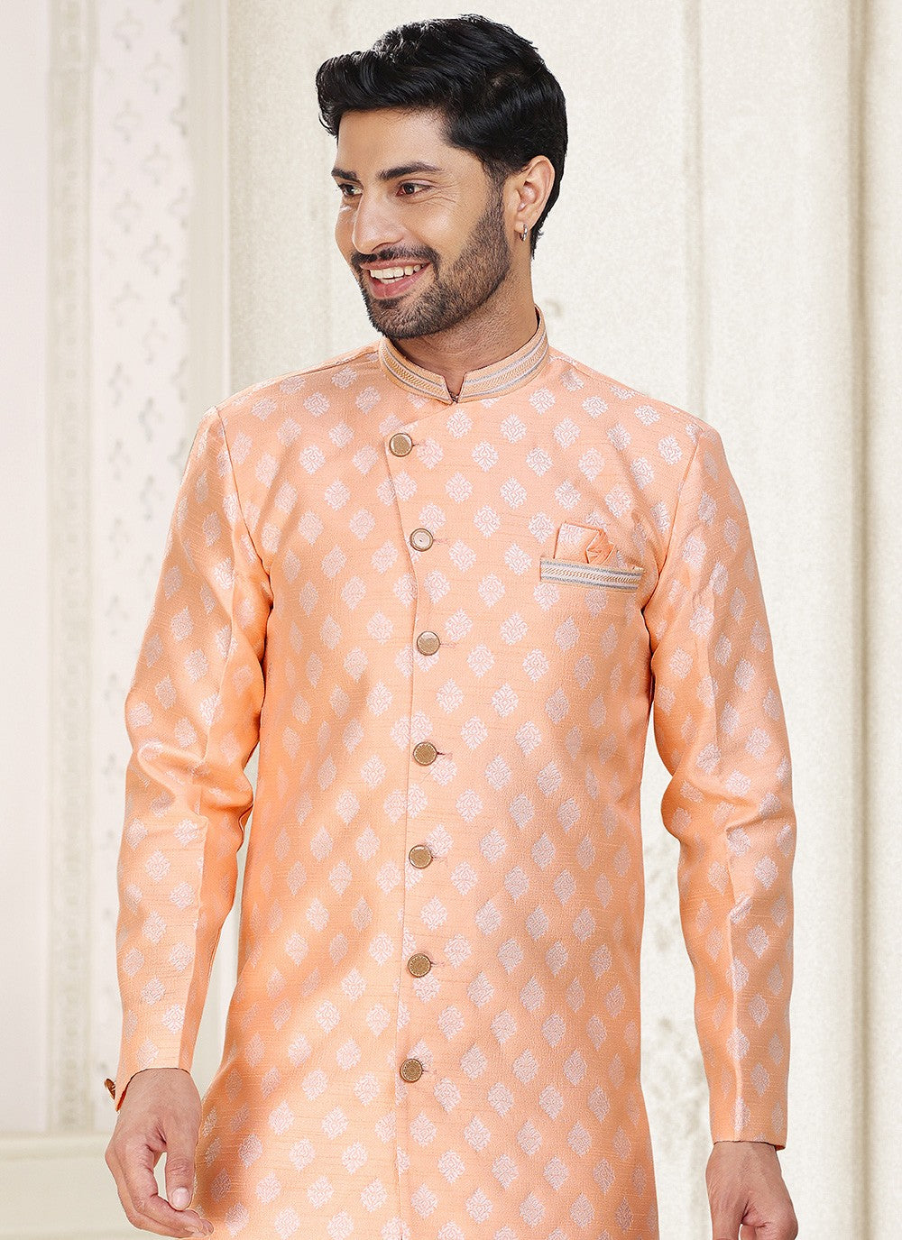 Jacquard Work Banarasi Jacquard Peach Indo Western - M5280