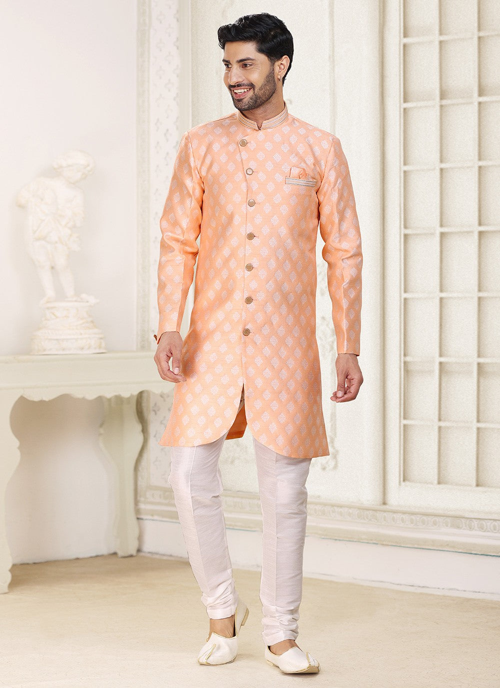 Jacquard Work Banarasi Jacquard Peach Indo Western - M5280