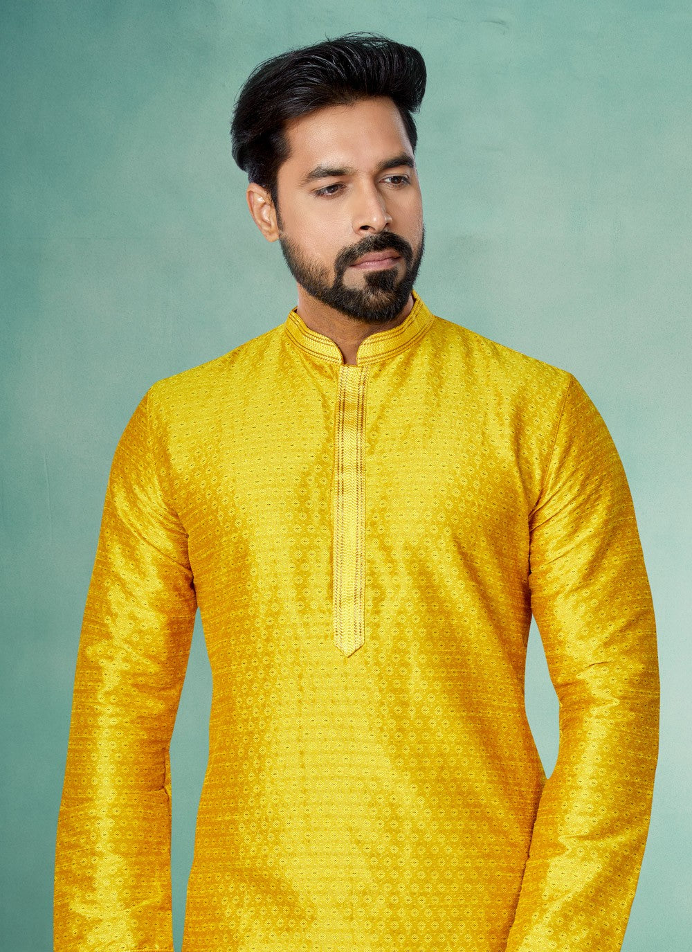 Jacquard Work Cotton , Jacquard Yellow Kurta Pyjama - M4951